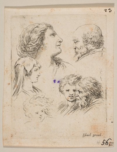Cinque teste, due giovani donne a sinistra, un uomo barbuto in alto a destra, una giovane donna, ca. 1649 da Stefano della Bella
