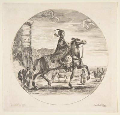 Cavaliere polacco di profilo rivolto a destra, una torre e altre figure a cavallo sullo sfondo, ca. 1651 da Stefano della Bella