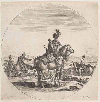 Cavaliere polacco con arco e freccia, visto da dietro con il cavallo rivolto a destra, ca. 1651 da Stefano della Bella