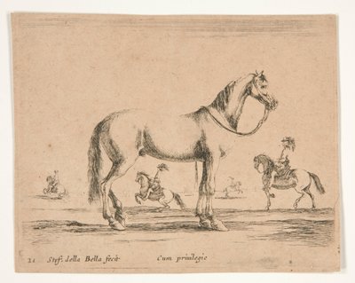 Cavallo senza cavaliere, con cavalieri che fanno dressage sullo sfondo da Stefano della Bella