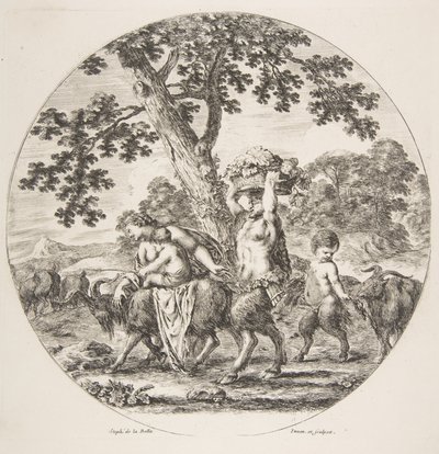 Famiglia di satiri che cammina verso sinistra con due capre e un cesto di uva, ca. 1657 da Stefano della Bella