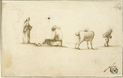 Schizzi di donna in piedi, uomo seduto, capra e uomo che porta una scatola sulla schiena da Stefano della Bella