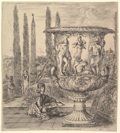 Il vaso Medici, un grande vaso a destra decorato con una rappresentazione del sacrificio da Stefano della Bella
