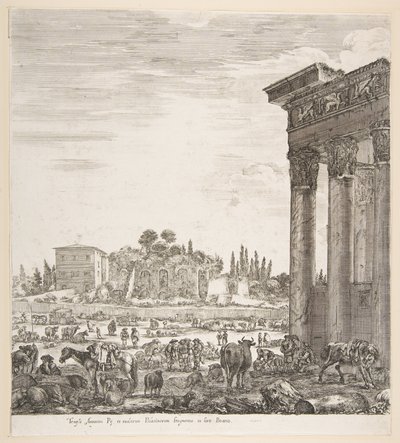 Le colonne del Tempio di Antonino a destra, parte del Campo Vaccino al centro da Stefano della Bella