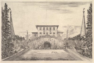 La villa al centro fiancheggiata da quattro obelischi, una scala su entrambi i lati, una statua, ca. 1653 da Stefano della Bella