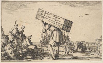 Pagina del titolo: un uomo che porta una cassa sulla schiena al centro, tre uomini che lo guardano, 1639 da Stefano della Bella