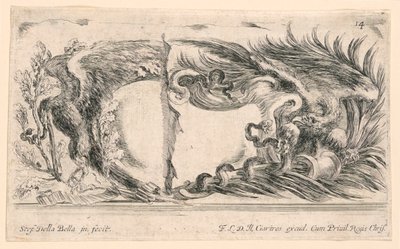 Due metà di stemmi, n. 14 da "Raccolta di varii cappriccii et nove inventioni di cartelle et ornamenti" da Stefano della Bella