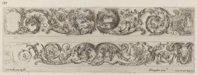 Due bande ornamentali con teste di leone e aquila, e due arieti da Stefano della Bella