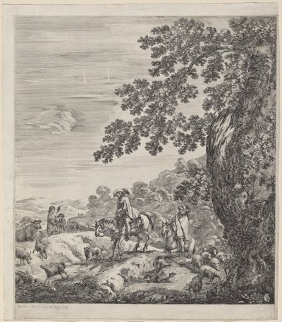 Due cavalieri che passano vicino a un branco di animali, 1656 da Stefano della Bella