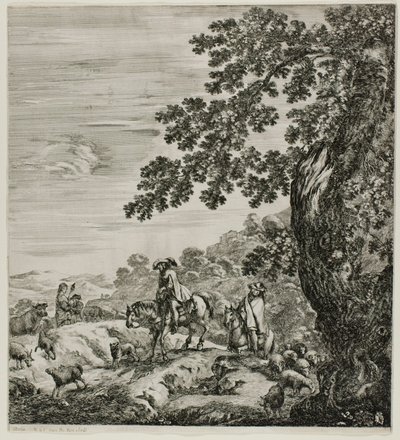 Due cavalieri che passano un gregge, tavola cinque da Le sei grandi vedute di Roma e della Campagna da Stefano della Bella