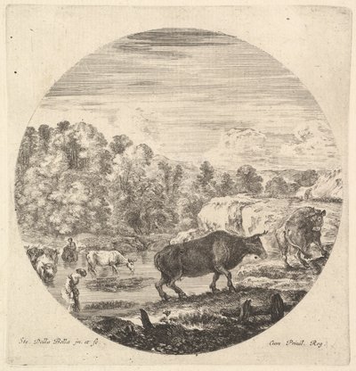 Due mucche al centro, seguite da due contadine e altre mucche nel fiume (dettaglio) da Stefano della Bella