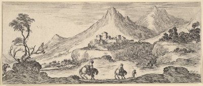 Due cavalieri scendono una collina al centro, seguendo un altro uomo a piedi, un castello sullo sfondo da Stefano della Bella