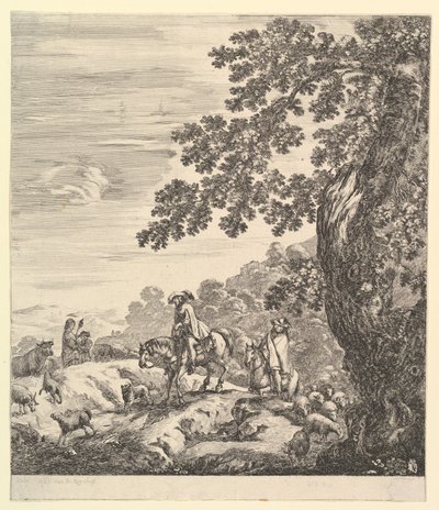 Due cavalieri passano un gregge, cavalcando verso sinistra, una contadina e un giovane ragazzo, circa 1656 da Stefano della Bella