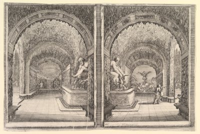 Due vedute di una grotta, entrambe con una fontana con una statua seduta, ca. 1653 da Stefano della Bella