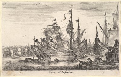 Veduta del porto di Amsterdam, uomini in barche a remi lavorano su una nave al centro da Stefano della Bella