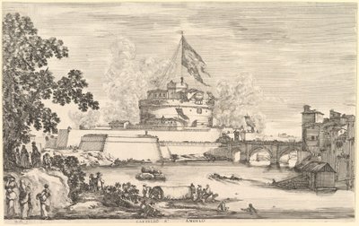 Veduta del fiume Tevere, un grande albero a sinistra, due gruppi di donne a sinistra in primo piano da Stefano della Bella