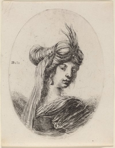 Donna con turbante piumato e velo, girata a destra da Stefano della Bella