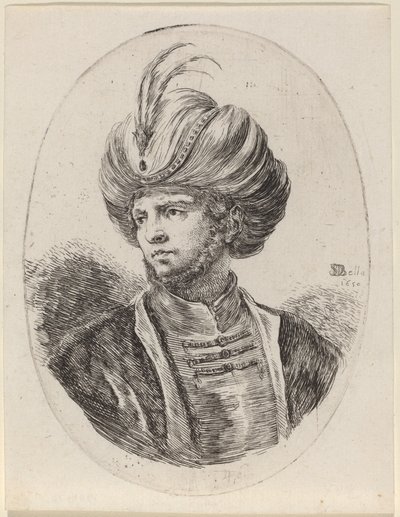 Giovane moro con una leggera barba e turbante piumato, girato a sinistra da Stefano della Bella