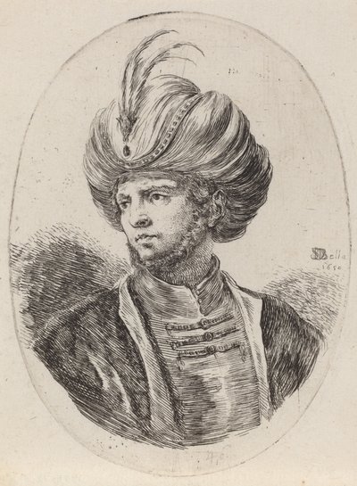Giovane moro con una leggera barba e turbante piumato, rivolto a sinistra, 1650 da Stefano della Bella