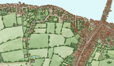 Bankside e Southwark, Londra, circa 1600-25, 2021 (inchiostro e acquerello, digitale) da Stephen Conlin