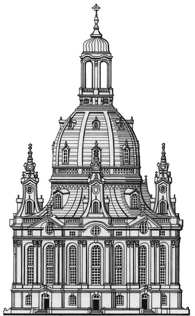 La Frauenkirche, Dresda, c.1730-2023 (disegnato 1994) da Stephen Conlin