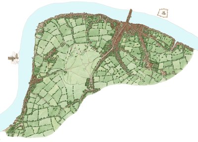 La South Bank, Londra, tra Vauxhall e Bermondsey circa 1600, 2021 (inchiostro e acquerello, digitale) da Stephen Conlin