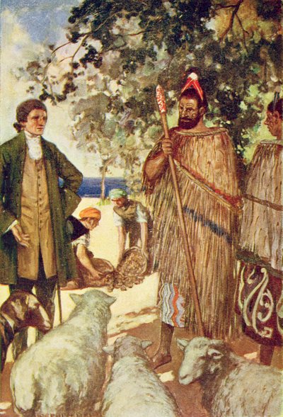Il capitano Cook (1728-79) presenta agli indigeni alcune pecore e capre, illustrazione da 
