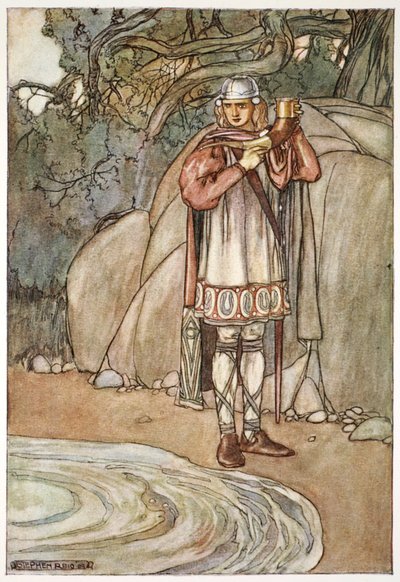 Dermot prese il corno e lo avrebbe riempito, c1910 da Stephen Reid