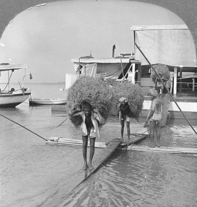 Scarico di una nave sul fiume Irrawaddy, Birmania, 1908 da Stereo Travel Co