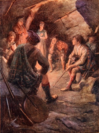 Alti montanari armati seduti intorno al fuoco che fanno piani per Bonnie Prince Charlie da Stewart Orr