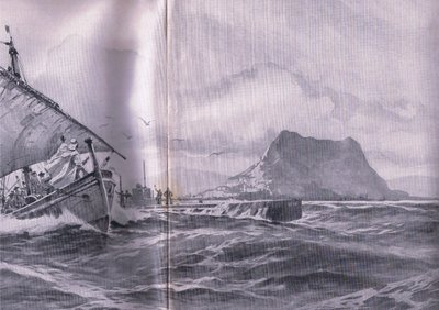 Sottomarino tedesco che attraversa lo stretto di Gibilterra in rotta verso i Dardanelli, da The Illustrated History of the World War 1914-1915 pub. da Union Berlagsefellfchaft da Willy Stoewer 