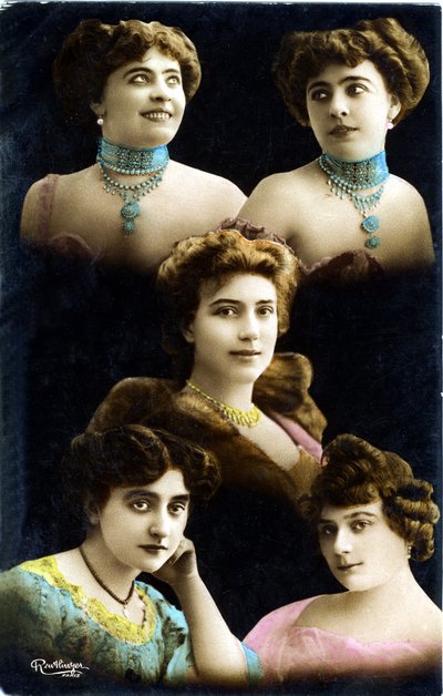 Cartolina dei primi del XX secolo: mosaico di volti di 5 giovani donne (foto) da Studio Reutlinger