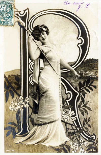 R: Gabrielle Robinne, attrice francese, Comédie-Française, Parigi - alfabeto in cartolina da Studio Reutlinger