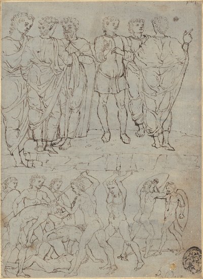 Sei uomini che conversano e dieci nudi che combattono da Studio of Francesco Squarcione
