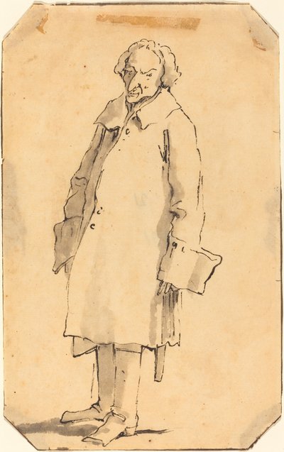 Un uomo in piedi con cappotto e stivali da Style of Giovanni Battista Tiepolo