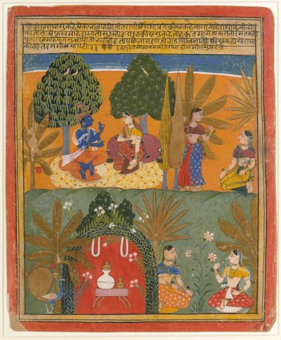Krishna e Radha con le loro confidenti: Pagina da un Gita Govinda disperso, ca. 1655-60 da Style of Manohar