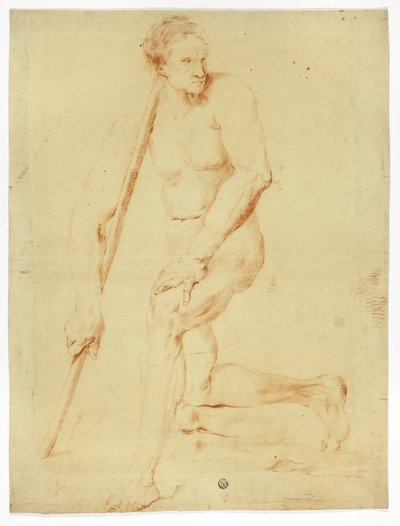 Nudo maschile accademico appoggiato al bastone da Style of Pompeo Girolamo Batoni