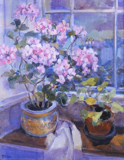 Geranio rosa sul sedile della finestra, 1996 da Sue Wales