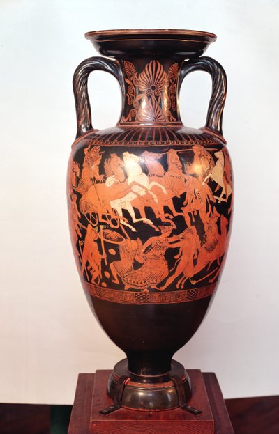 Anfora a figure rosse attica raffigurante Ares e Afrodite su un carro che combattono i giganti da Suessula Painter