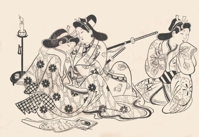 Samurai e cortigiana seduti, un servitore accanto a loro da Sugimura Jihei