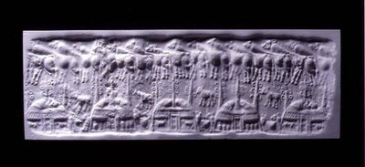 Impressione di sigillo cilindrico con manico, Uruk (ora Warka, Iraq), c.3300-3000 a.C. da Sumerian Sumerian