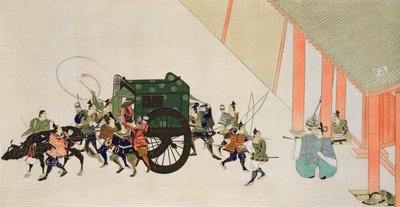 Un imperatore fugge da un palazzo travestito da donna in carrozza, scena da un romanzo cortese del periodo Heian, stampato sulla rivista 