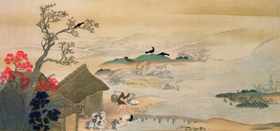 Contadini che raccolgono verdure vicino a Kyoto nel Medioevo, stampato nella rivista 