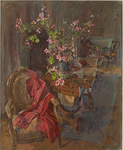 Cappotto rosso con geranio da Susan Ryder