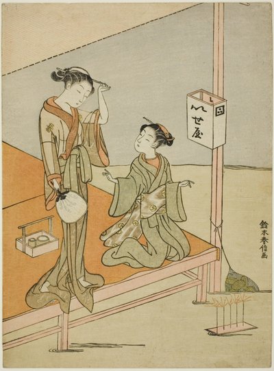 Una cortigiana e il suo attendente alla casa da tè sul fiume Iseya da Suzuki Harunobu