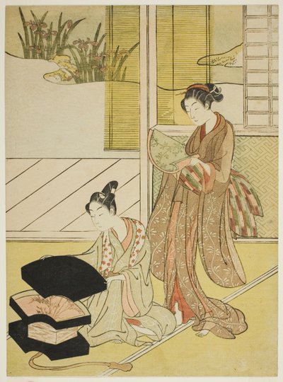 Un venditore di ventagli mostra le sue merci a una giovane donna da Suzuki Harunobu