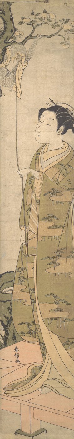 Una donna che gioca con una scimmia che è salita su un albero da Suzuki Harunobu