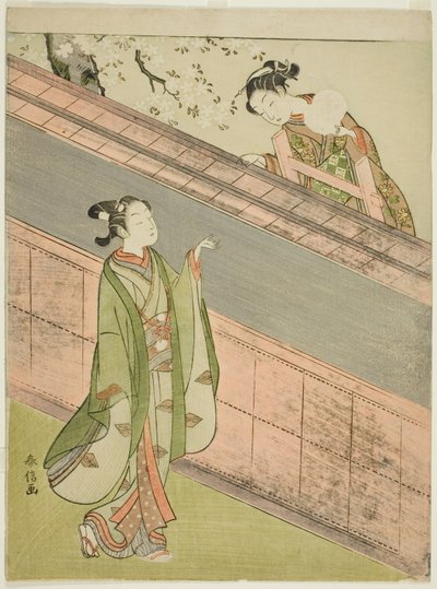 Una giovane donna restituisce una palla a un giovane uomo da Suzuki Harunobu