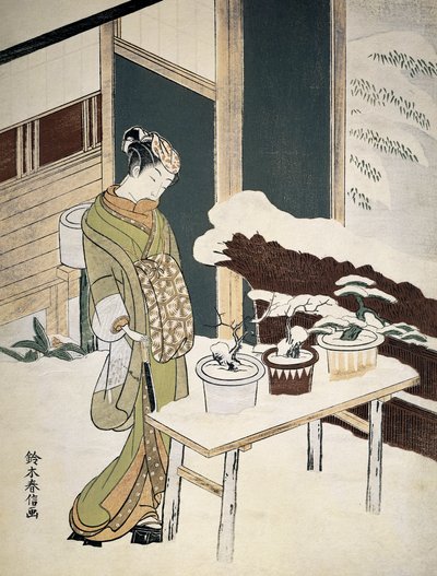 Una giovane donna ammira il suo bonzais sulla terrazza innevata. XVIII secolo (stampa) da Suzuki Harunobu