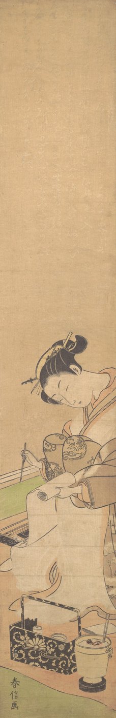 Un Oiran seduto su un letto, scrivendo una lettera, ca. 1769 da Suzuki Harunobu